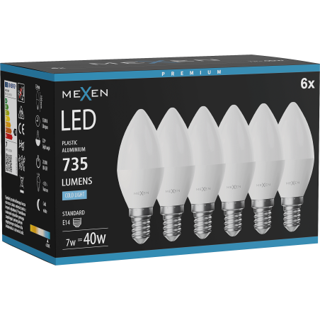 Mexen Nova 6x LED žárovka E14, C37, 7W, Studená - 6500K, 735 lm - L102-E14-0765-01x06