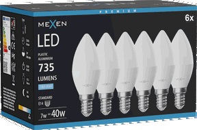 Mexen Nova 6x LED žárovka E14, C37, 7W, Studená - 6500K, 735 lm - L102-E14-0765-01x06