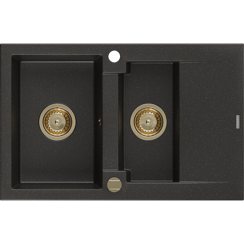 Mexen Gaspar žulový dřez 1,5-komorový s odkapávačem 737 x 475 mm, černý/zlatý metalic, zlatý sifon - 6507731505-75-G