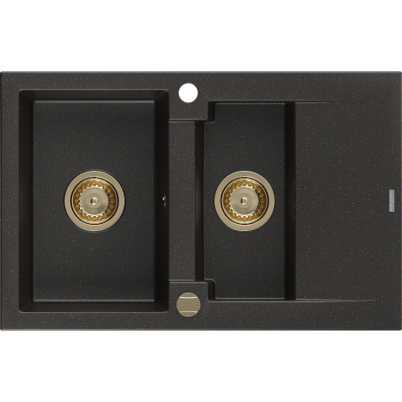 Mexen Gaspar žulový dřez 1,5-komorový s odkapávačem 737 x 475 mm, černý/zlatý metalic, zlatý sifon - 6507731505-75-G