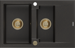 Mexen Gaspar žulový dřez 1,5-komorový s odkapávačem 737 x 475 mm, černý/zlatý metalic, zlatý sifon - 6507731505-75-G