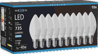 Mexen Nova 10x LED žárovka E14, C37, 7W, Studená - 6500K, 735 lm - L102-E14-0765-01x10