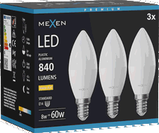 Mexen Nova 3x LED žárovka E14, C37, 8W, Teplá - 3000K, 840 lm - L102-E14-0830-01x03