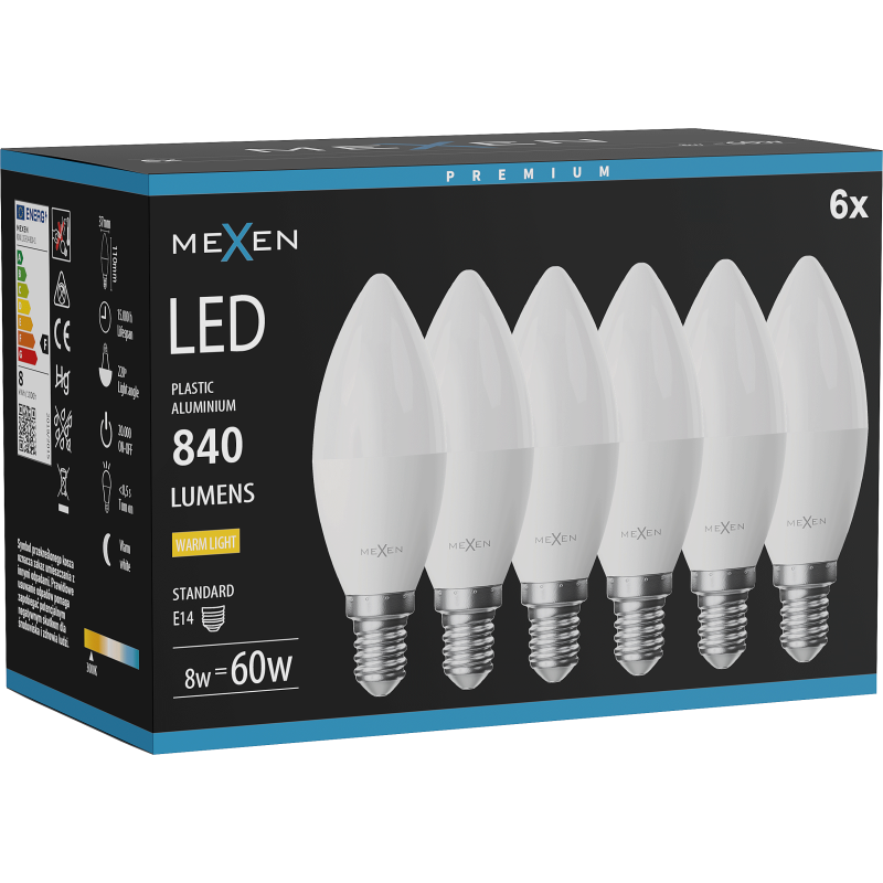 Mexen Nova 6x LED žárovka E14, C37, 8W, Teplá - 3000K, 840 lm - L102-E14-0830-01x06