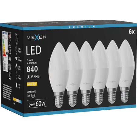 Mexen Nova 6x LED žárovka E14, C37, 8W, Teplá - 3000K, 840 lm - L102-E14-0830-01x06