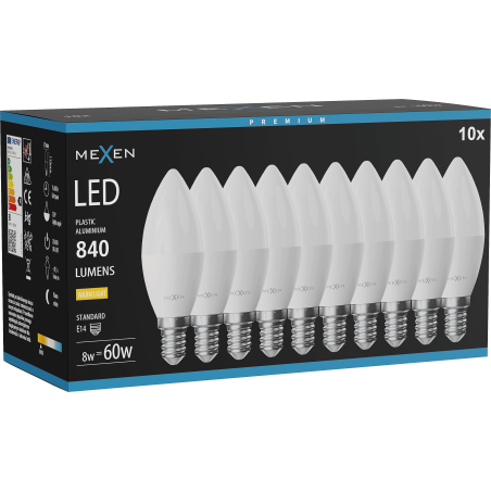 Mexen Nova 10x LED žárovka E14, C37, 8W, Teplá - 3000K, 840 lm - L102-E14-0830-01x10
