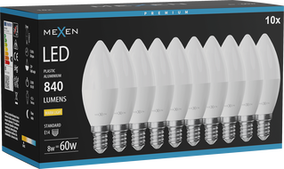 Mexen Nova 10x LED žárovka E14, C37, 8W, Teplá - 3000K, 840 lm - L102-E14-0830-01x10