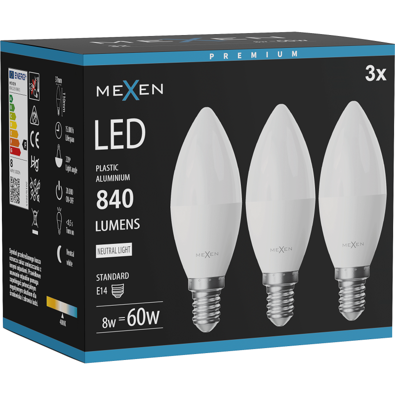 Mexen Nova 3x Žárovka LED E14, C37, 8W, Neutrální - 4000K, 840 lm - L102-E14-0840-01x03
