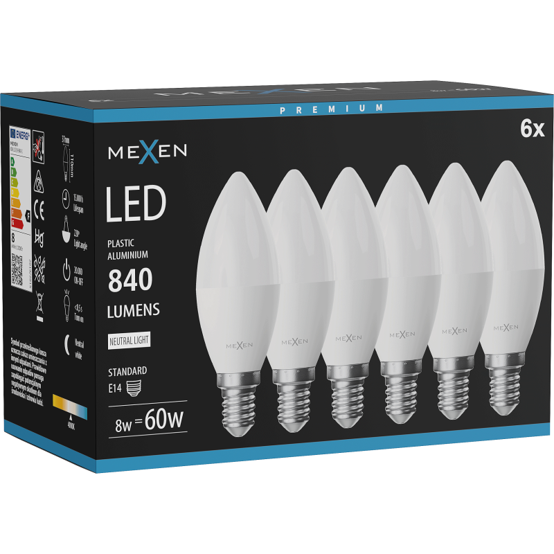 Mexen Nova 6x LED žárovka E14, C37, 8W, Neutrální - 4000K, 840 lm - L102-E14-0840-01x06