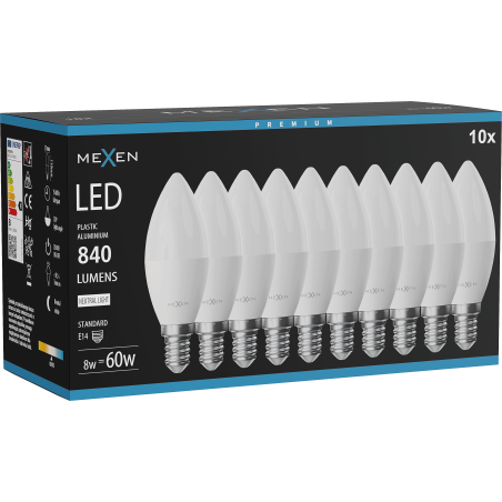 Mexen Nova 10x LED žárovka E14, C37, 8W, Neutrální - 4000K, 840 lm - L102-E14-0840-01x10