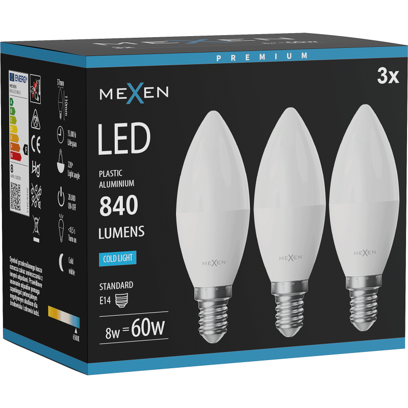 Mexen Nova 3x žárovka LED E14, C37, 8W, Studená - 6500K, 840 lm - L102-E14-0865-01x03