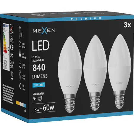 Mexen Nova 3x žárovka LED E14, C37, 8W, Studená - 6500K, 840 lm - L102-E14-0865-01x03
