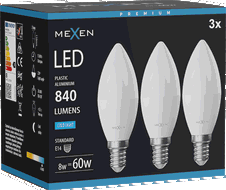 Mexen Nova 3x žárovka LED E14, C37, 8W, Studená - 6500K, 840 lm - L102-E14-0865-01x03