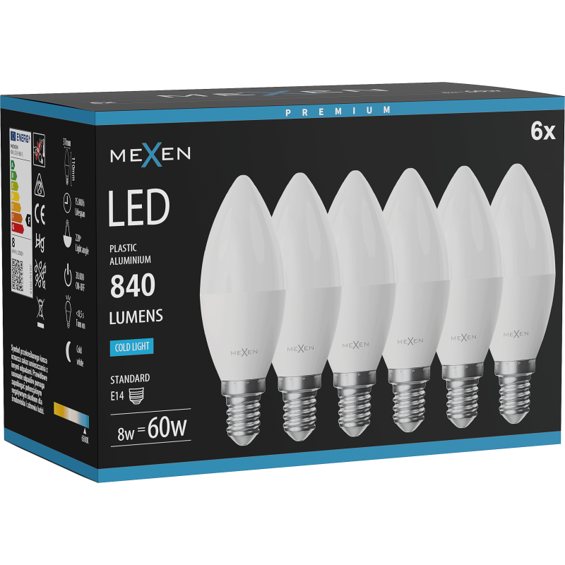 Mexen Nova 6x LED žárovka E14, C37, 8W, Studená - 6500K, 840 lm - L102-E14-0865-01x06