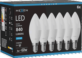 Mexen Nova 6x LED žárovka E14, C37, 8W, Studená - 6500K, 840 lm - L102-E14-0865-01x06