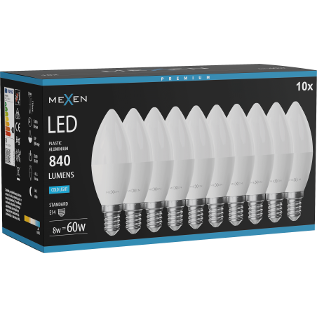 Mexen Nova 10x LED Žárovka E14, C37, 8W, Studená - 6500K, 840 lm - L102-E14-0865-01x10
