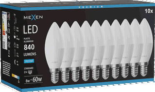 Mexen Nova 10x LED Žárovka E14, C37, 8W, Studená - 6500K, 840 lm - L102-E14-0865-01x10