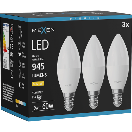 Mexen Nova 3x LED žárovka E14, C37, 9W, Teplá - 3000K, 945 lm - L102-E14-0930-01x03