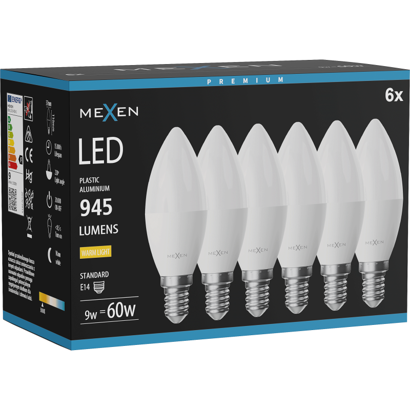 Mexen Nova 6x LED žárovka E14, C37, 9W, Teplá - 3000K, 945 lm - L102-E14-0930-01x06