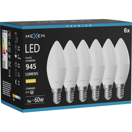 Mexen Nova 6x LED žárovka E14, C37, 9W, Teplá - 3000K, 945 lm - L102-E14-0930-01x06