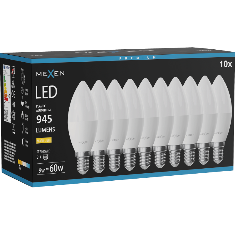 Mexen Nova 10x LED žárovka E14, C37, 9W, Teplá - 3000K, 945 lm - L102-E14-0930-01x10