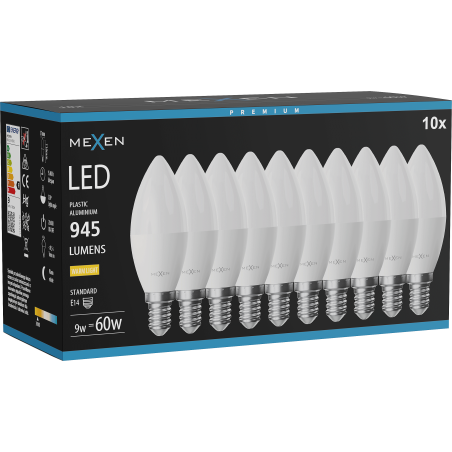 Mexen Nova 10x LED žárovka E14, C37, 9W, Teplá - 3000K, 945 lm - L102-E14-0930-01x10