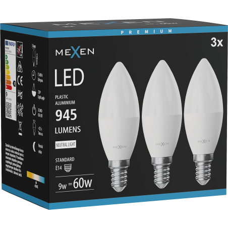 Mexen Nova 3x LED žárovka E14, C37, 9W, Neutrální - 4000K, 945 lm - L102-E14-0940-01x03