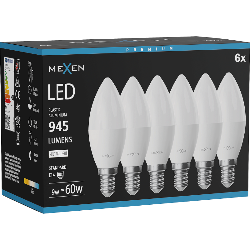 Mexen Nova 6x LED žárovka E14, C37, 9W, Neutrální - 4000K, 945 lm - L102-E14-0940-01x06
