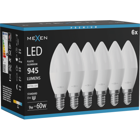 Mexen Nova 6x LED žárovka E14, C37, 9W, Neutrální - 4000K, 945 lm - L102-E14-0940-01x06