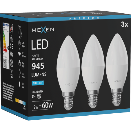 Mexen Nova 3x LED žárovka E14, C37, 9W, Studená - 6500K, 945 lm - L102-E14-0965-01x03