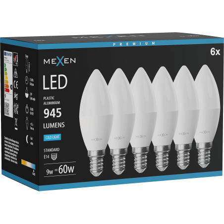 Mexen Nova 6x LED žárovka E14, C37, 9W, Studená - 6500K, 945 lm - L102-E14-0965-01x06