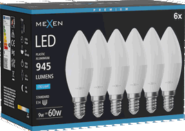 Mexen Nova 6x LED žárovka E14, C37, 9W, Studená - 6500K, 945 lm - L102-E14-0965-01x06