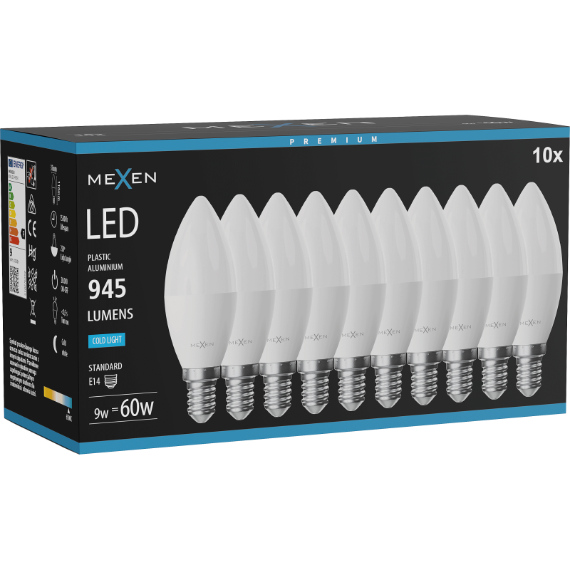 Mexen Nova 10x LED žárovka E14, C37, 9W, Studená - 6500K, 945 lm - L102-E14-0965-01x10