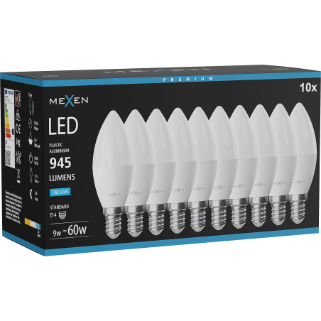 Mexen Nova 10x LED žárovka E14, C37, 9W, Studená - 6500K, 945 lm - L102-E14-0965-01x10