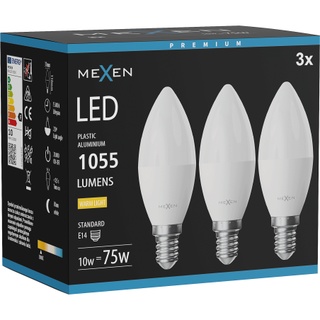 Mexen Nova 3x LED žárovka E14, C37, 10W, Teplá - 3000K, 1055 lm - L102-E14-1030-01x03
