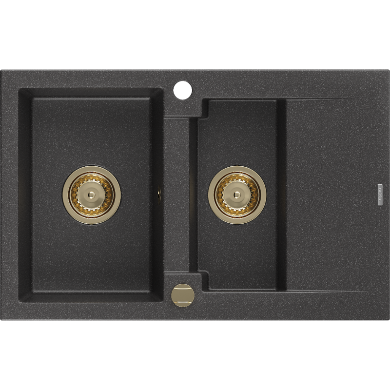 Mexen Gaspar granitový dřez 1,5-komorový s odkapávačem 737 x 475 mm, černý kropenatý, zlatý sifon - 6507731505-76-G