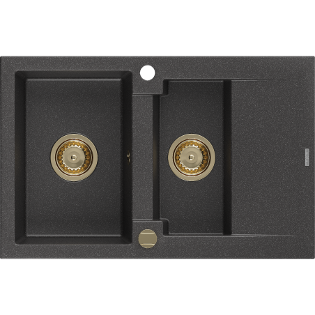 Mexen Gaspar granitový dřez 1,5-komorový s odkapávačem 737 x 475 mm, černý kropenatý, zlatý sifon - 6507731505-76-G