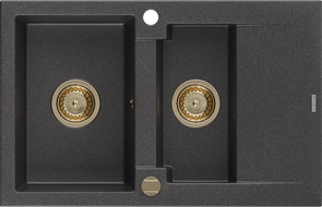 Mexen Gaspar granitový dřez 1,5-komorový s odkapávačem 737 x 475 mm, černý kropenatý, zlatý sifon - 6507731505-76-G