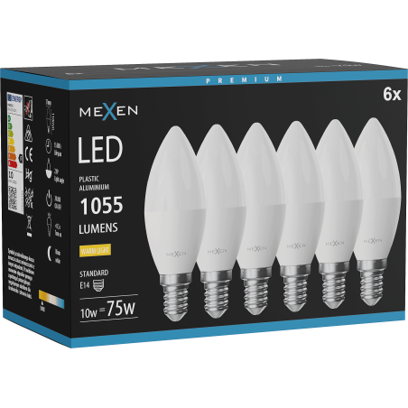 Mexen Nova 6x Žárovka LED E14, C37, 10W, Teplá - 3000K, 1055 lm - L102-E14-1030-01x06