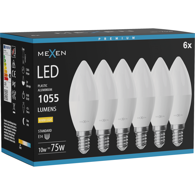 Mexen Nova 6x Žárovka LED E14, C37, 10W, Teplá - 3000K, 1055 lm - L102-E14-1030-01x06