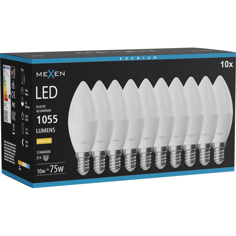 Mexen Nova 10x LED žárovka E14, C37, 10W, Teplá - 3000K, 1055 lm - L102-E14-1030-01x10