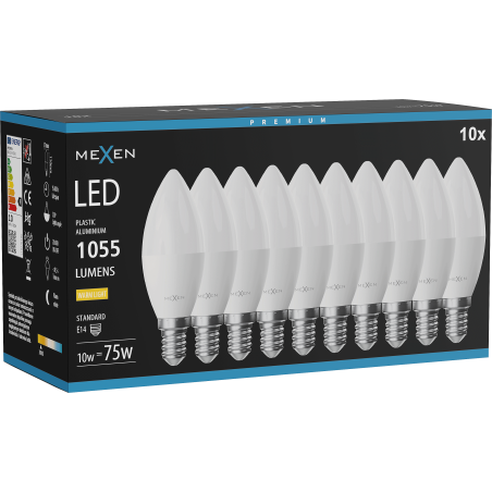 Mexen Nova 10x LED žárovka E14, C37, 10W, Teplá - 3000K, 1055 lm - L102-E14-1030-01x10