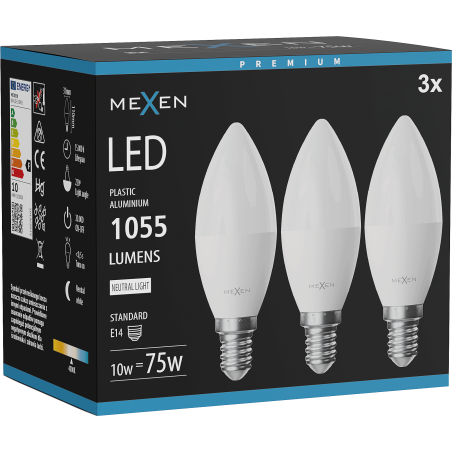 Mexen Nova 3x LED žárovka E14, C37, 10W, Neutrální - 4000K, 1055 lm - L102-E14-1040-01x03