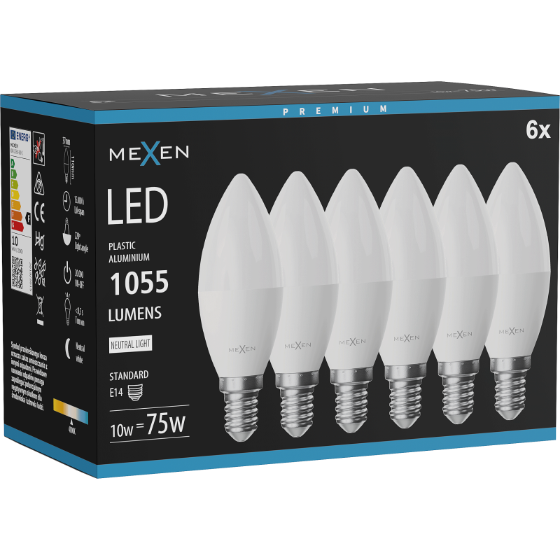 Mexen Nova 6x LED žárovka E14, C37, 10W, Neutrální - 4000K, 1055 lm - L102-E14-1040-01x06