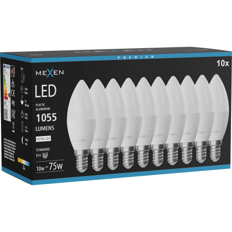 Mexen Nova 10x LED žárovka E14, C37, 10W, Neutrální - 4000K, 1055 lm - L102-E14-1040-01x10