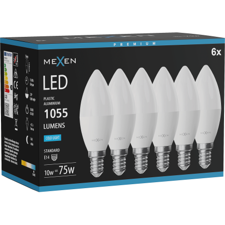 Mexen Nova 6x LED žárovka E14, C37, 10W, Studená - 6500K, 1055 lm - L102-E14-1065-01x06