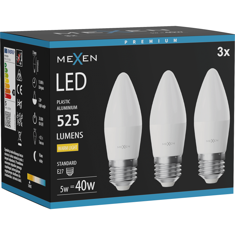 Mexen Nova 3x LED žárovka E27, C37, 5W, Teplá - 3000K, 525 lm - L102-E27-0530-01x03