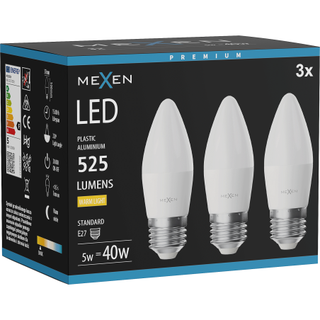 Mexen Nova 3x LED žárovka E27, C37, 5W, Teplá - 3000K, 525 lm - L102-E27-0530-01x03