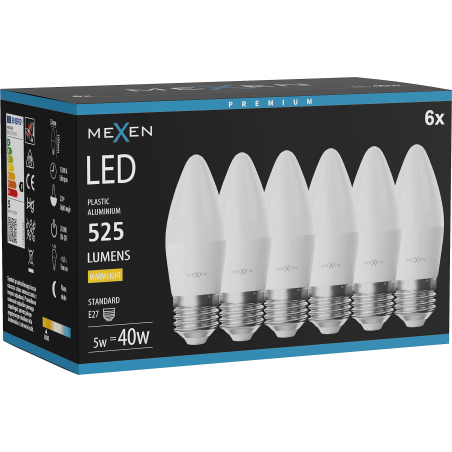 Mexen Nova 6x LED žárovka E27, C37, 5W, Teplá - 3000K, 525 lm - L102-E27-0530-01x06