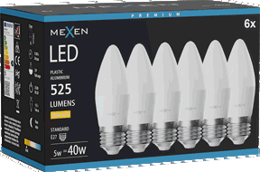 Mexen Nova 6x LED žárovka E27, C37, 5W, Teplá - 3000K, 525 lm - L102-E27-0530-01x06
